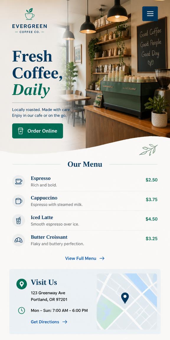 Mobile view of a small business website