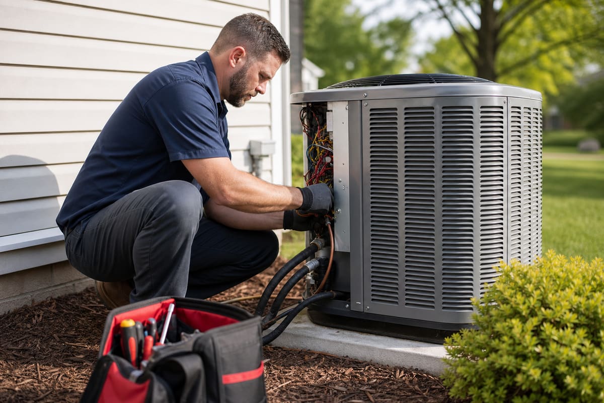 HVAC technician servicing an outdoor air conditioning unit
